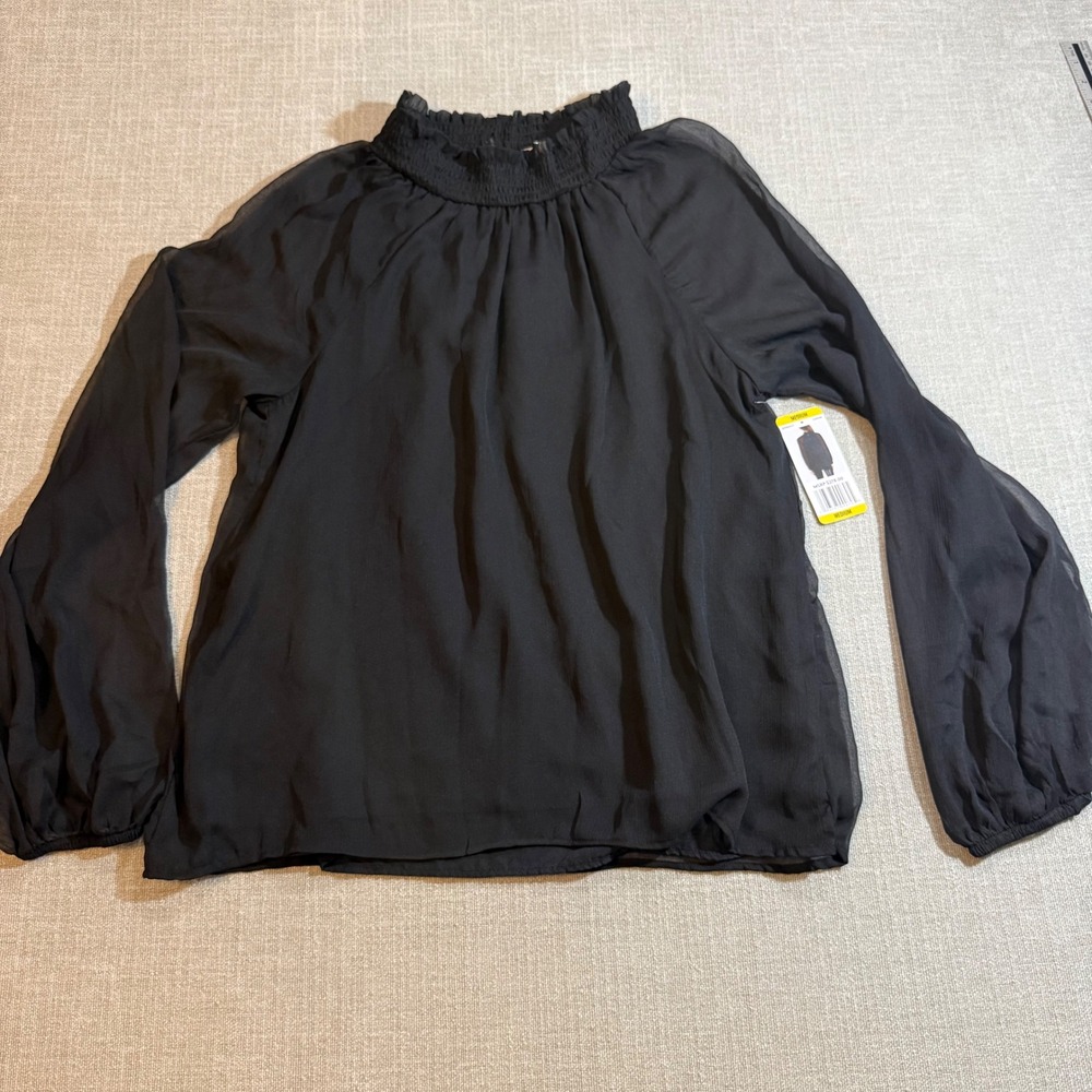 Joie Black Smocked Mock Neck Chiffon Blouse Medium NWT Semi-Sheer Long Sleeve